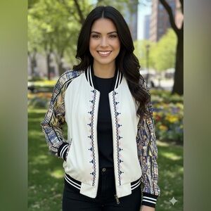 BKE Size M Women's Cream and Multicolor Bomber Jacket